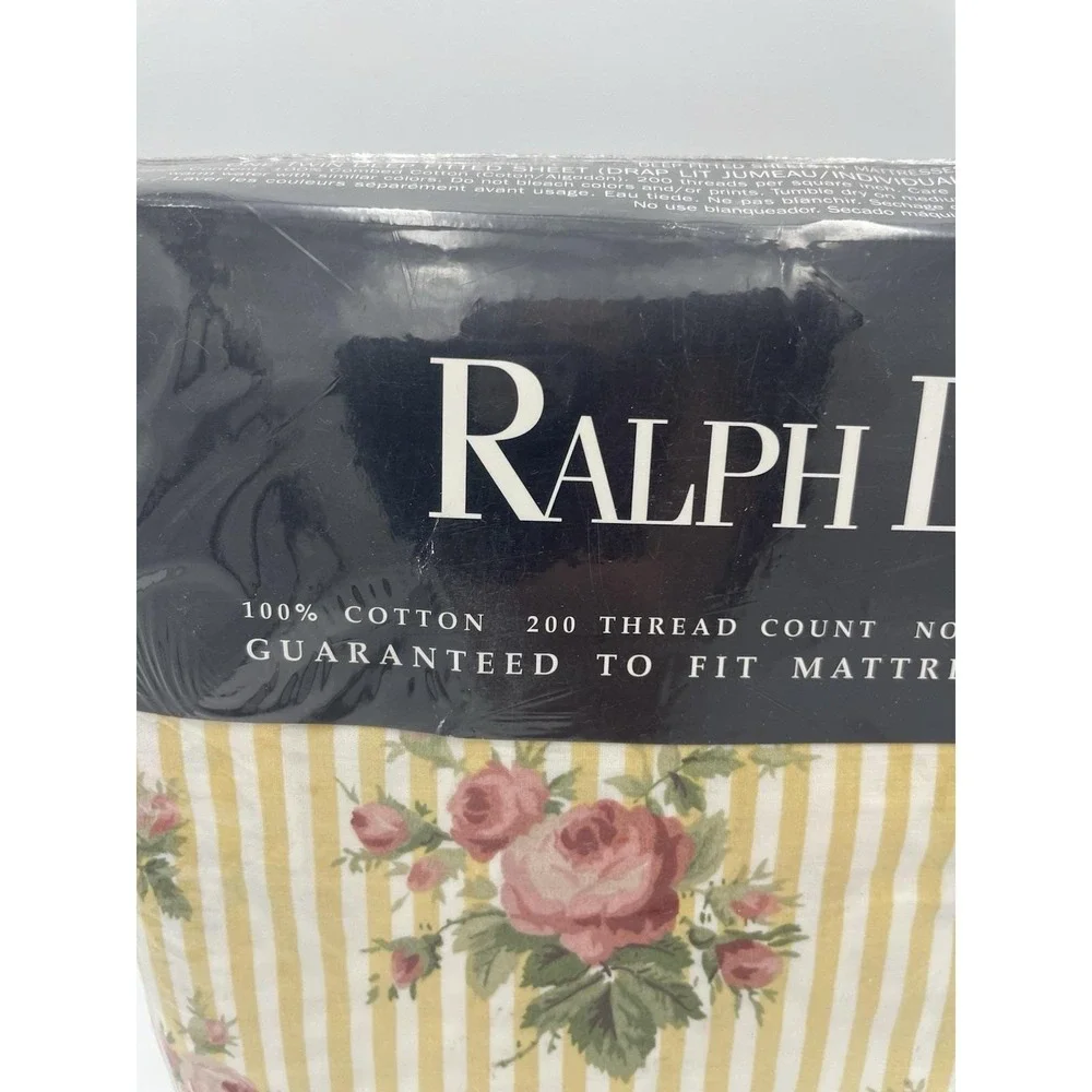 New Vtg Ralph Lauren Sophie Brooke Yellow Floral Stripe Twin ‎ Fitted Sheet NOS